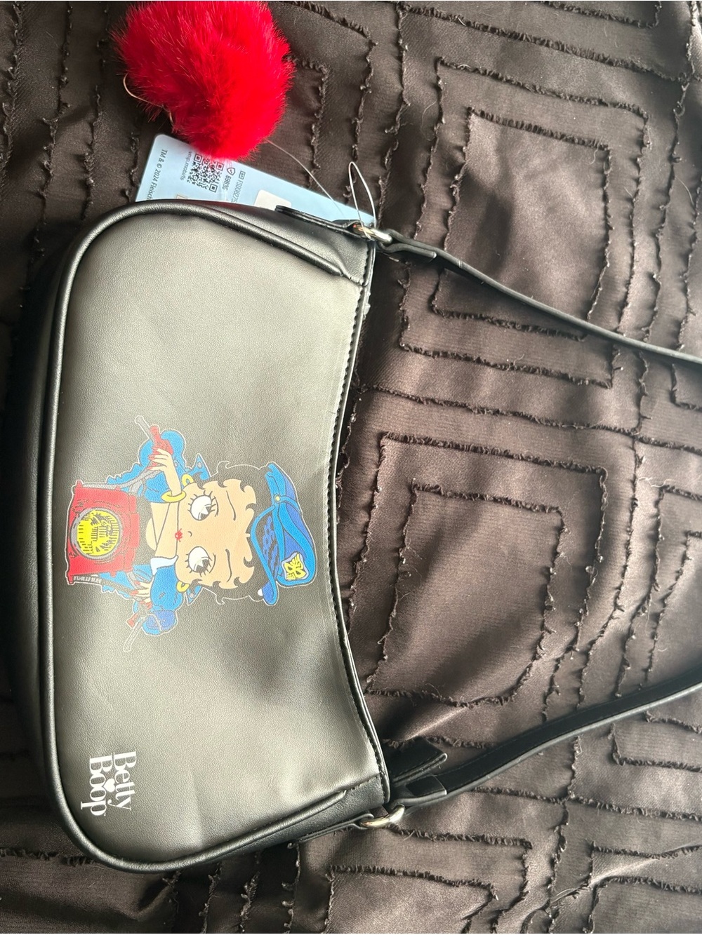 Betty Boop Black Crossbody Bag with Red Pom Pom Charm